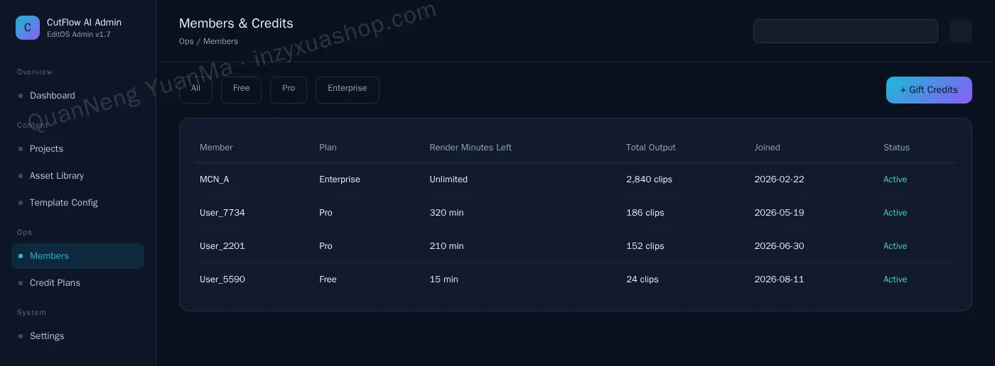 AI video editing admin members & credits