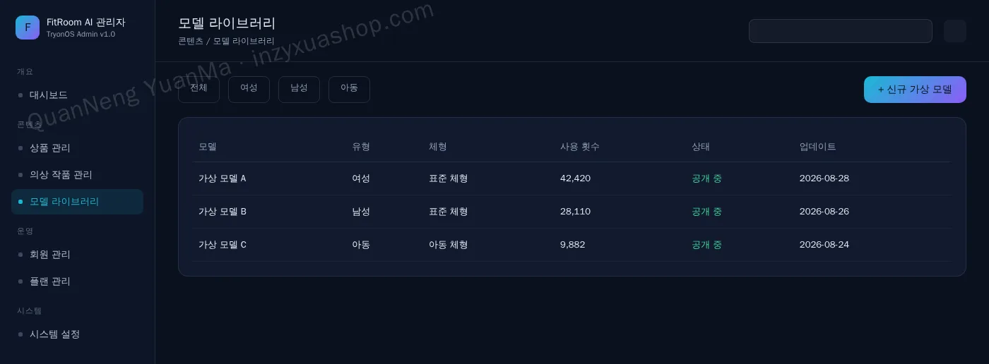 AI 가상 피팅 관리자·모델 라이브러리