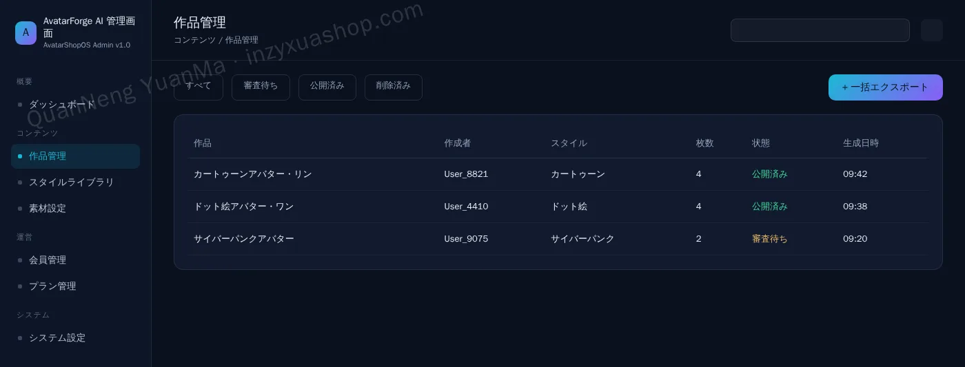 AIアバター生成管理画面・作品管理