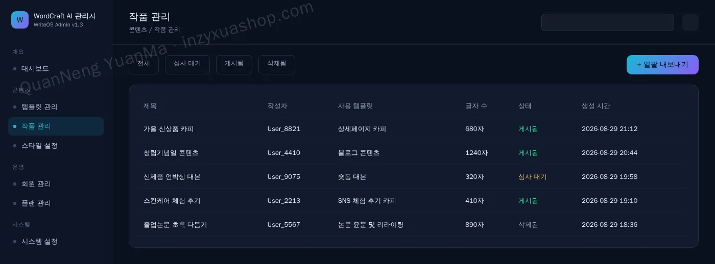 AI 라이팅 어시스턴트 관리자·작품 관리