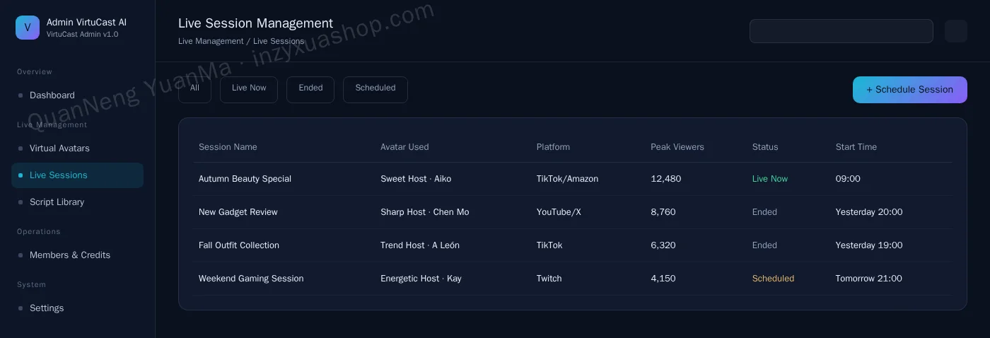 AI virtual live streaming admin session management