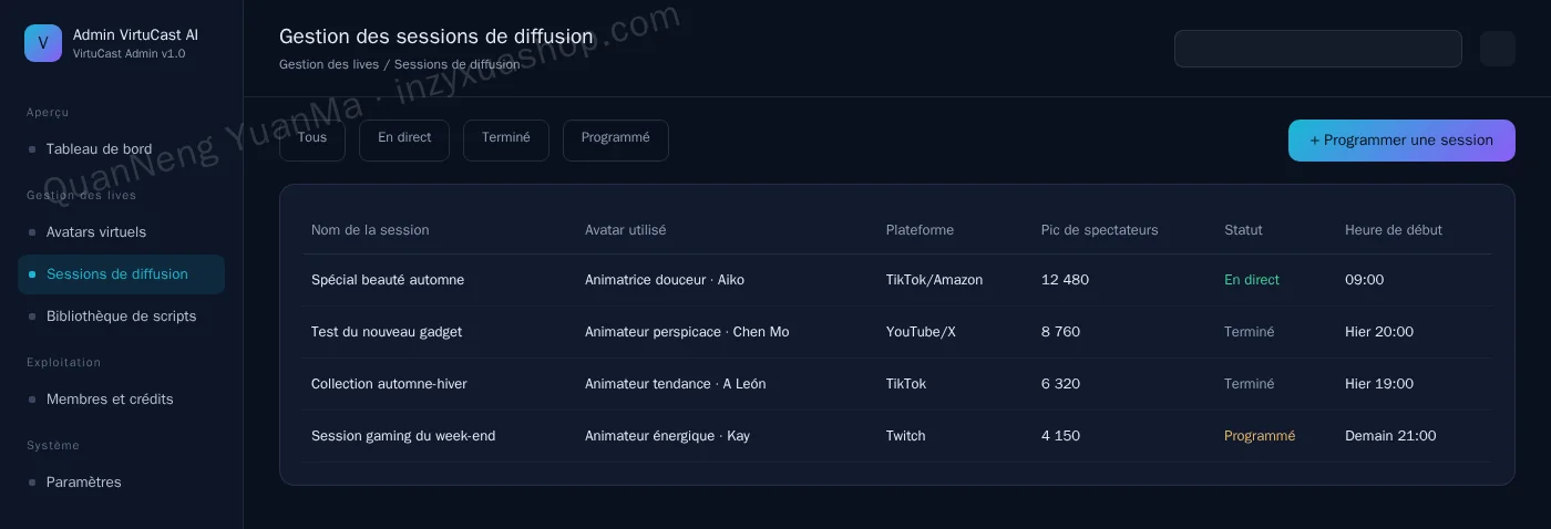 Admin de gestion des sessions de direct