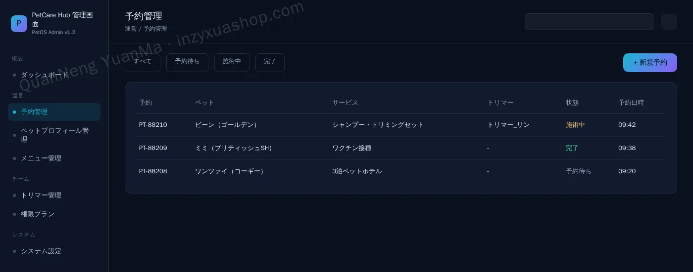 ペットサービスプラットフォーム管理画面・予約管理