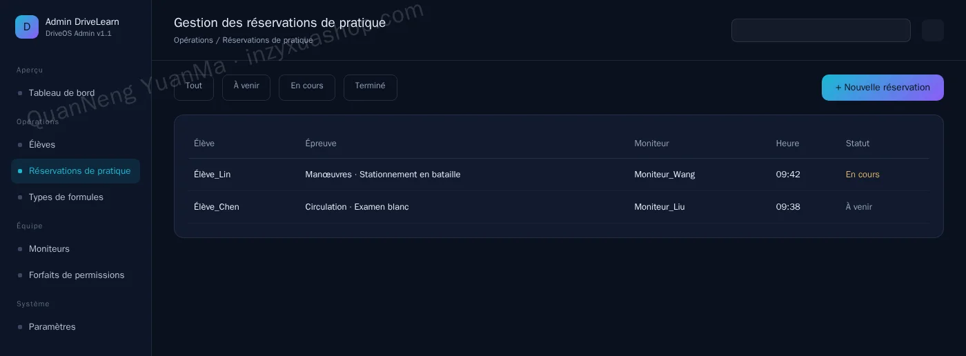 Admin des réservations de pratique