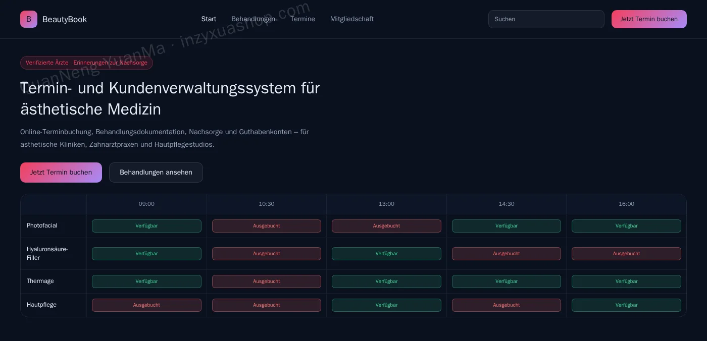 Frontend der Terminbuchung für Ästhetik-Kliniken