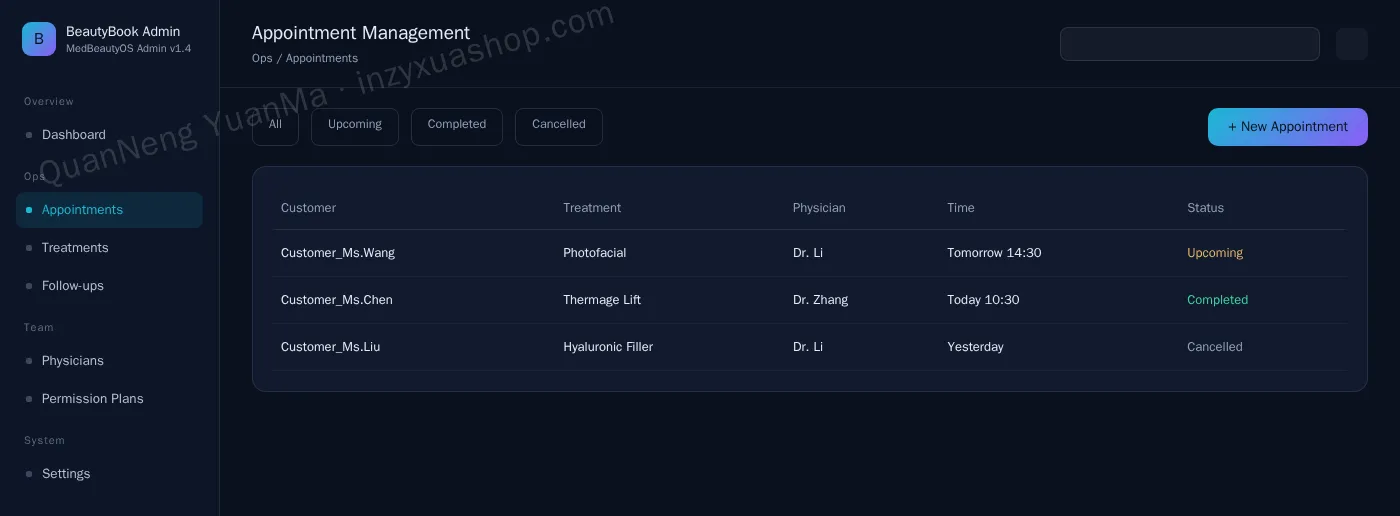 Medical aesthetics booking admin appointment management