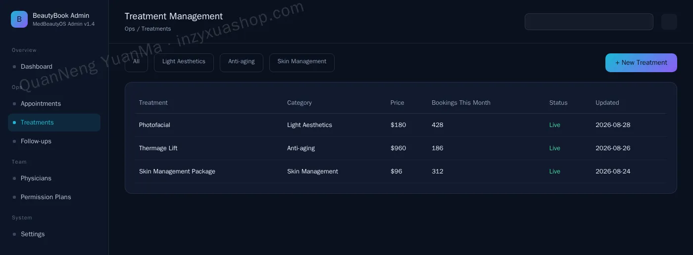 Medical aesthetics booking admin treatment management
