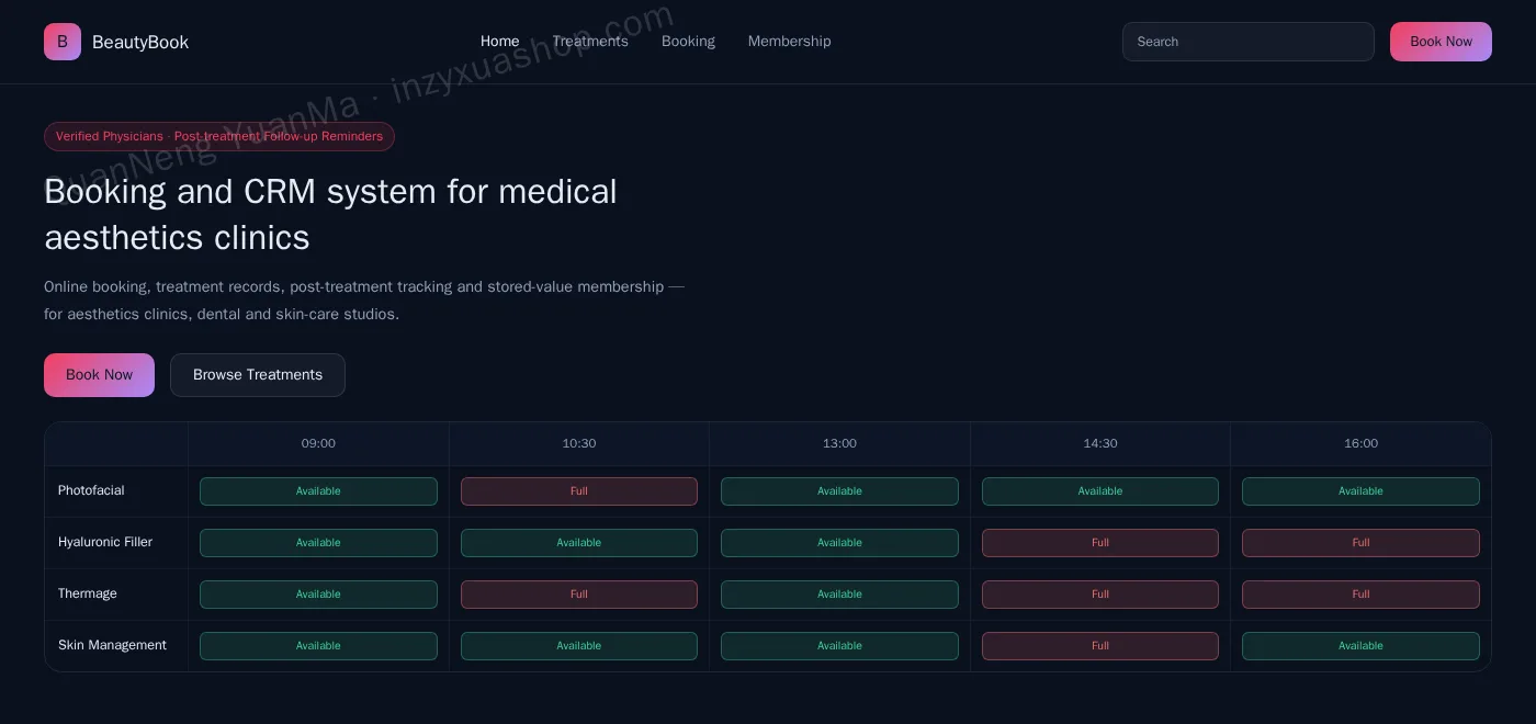 Medical aesthetics booking frontend home
