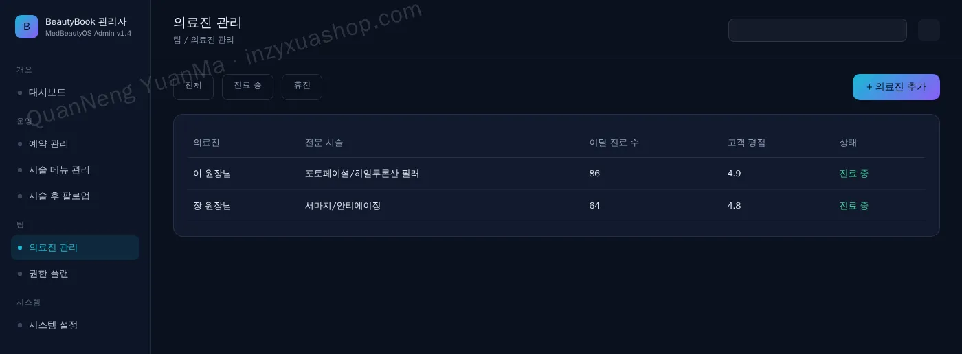 피부·미용 클리닉 예약 관리자·의료진 관리